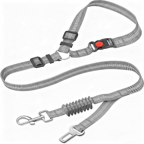 Multicolor nylon 2-in-1 retractable dog leash and car seatbelt from Dropshipman, showing the adjustable leash and seatbelt clip.