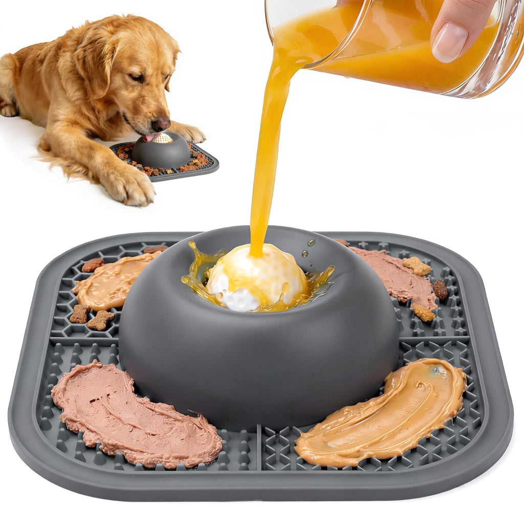 Dropshipman 2-in-1 slow feeder dog bowl and lick mat with rolling ball, featuring textured surface and interactive design for dogs.