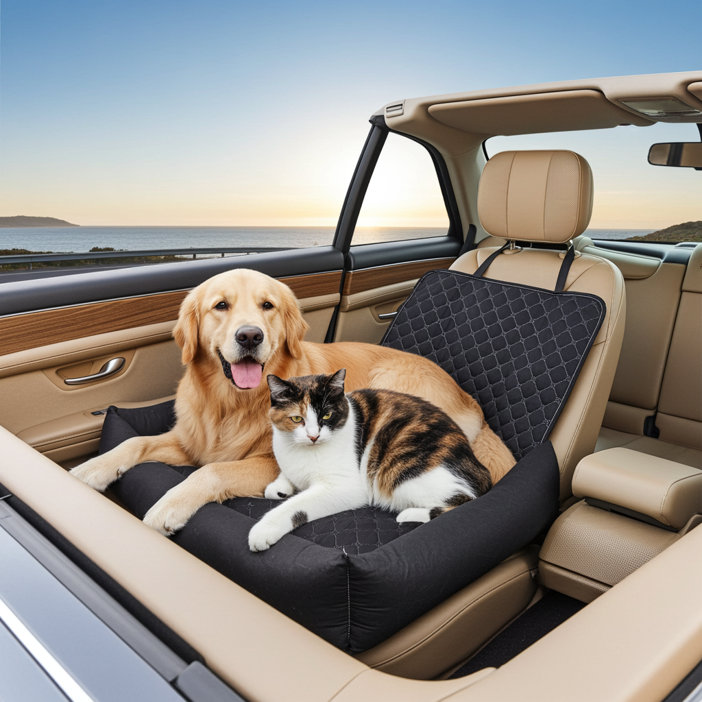 Waterproof Dog Car Seat Mat - Portable Travel Pet Bed, Black & Gray
