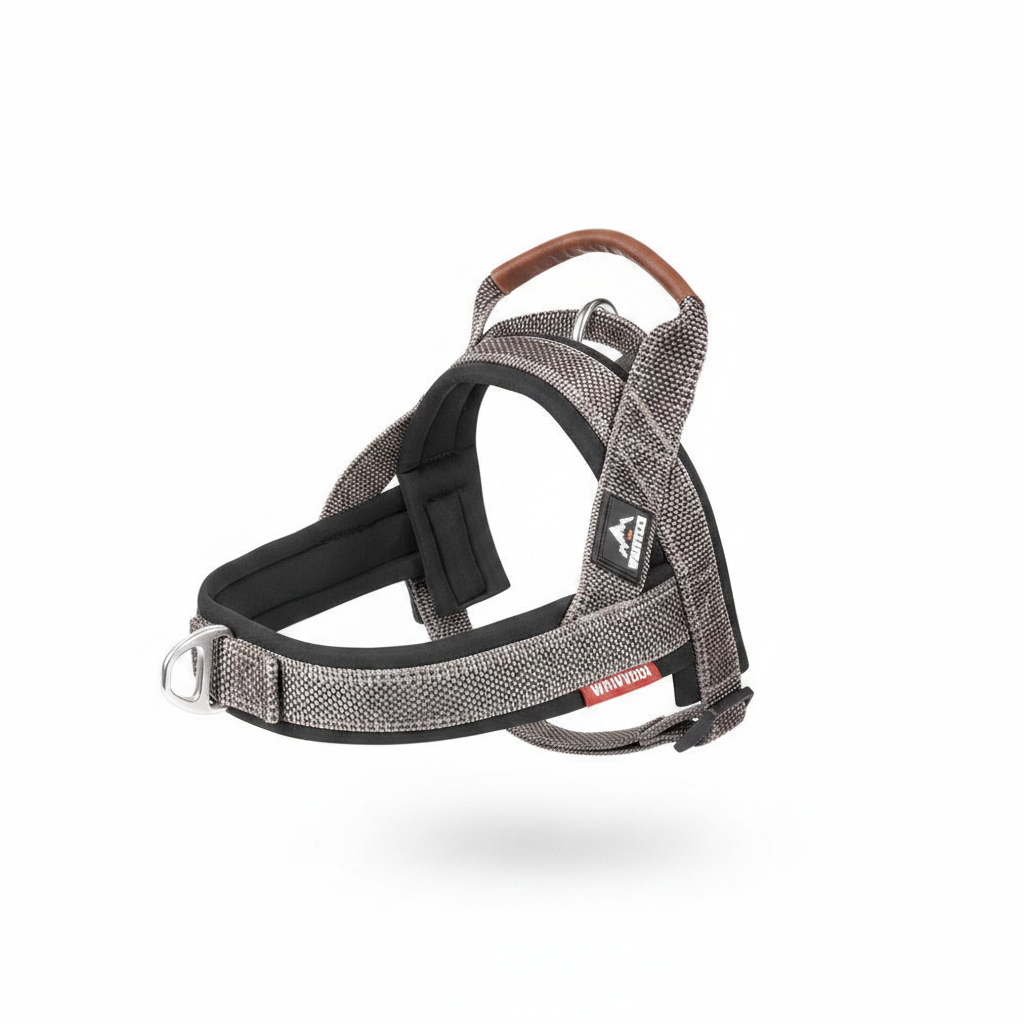 Durable nylon no-pull dog harness with reflective strips for medium and large breeds, featuring adjustable straps and secure clip.