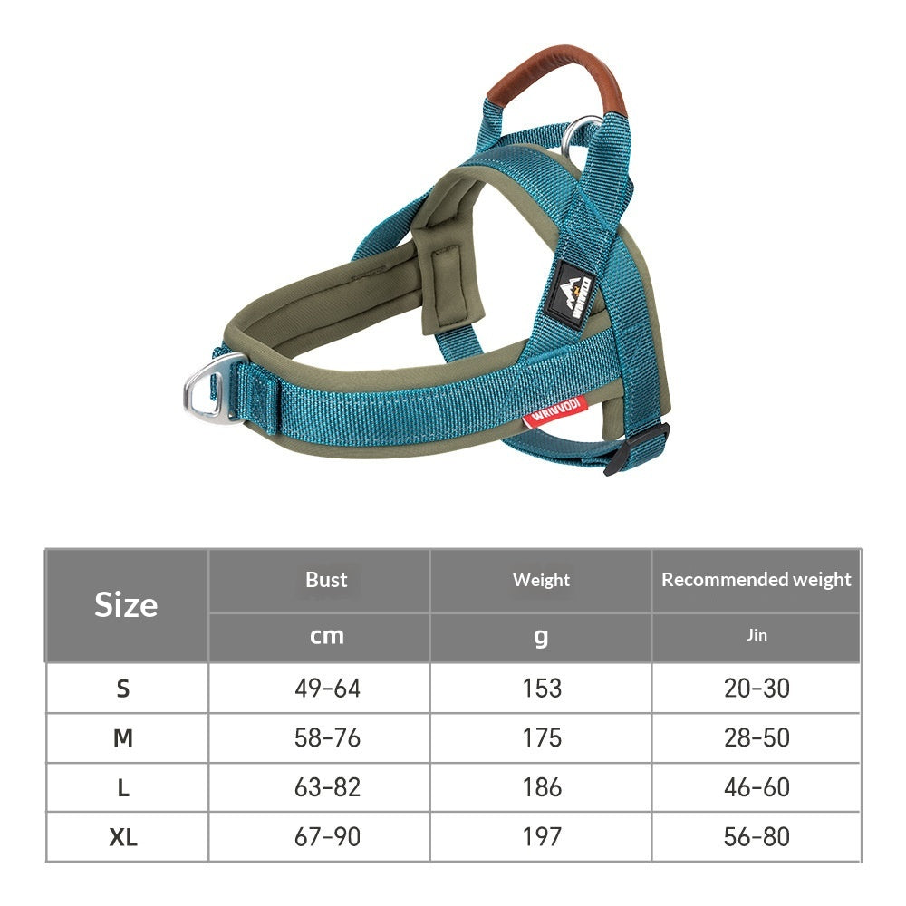 Durable nylon no-pull dog harness with reflective strips for medium and large breeds, featuring adjustable straps and secure fit.