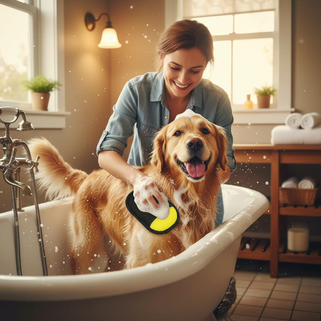 Dropshipman double-sided pet hair removal grooming glove shown during bath-time, with flexible design for easy pet grooming.