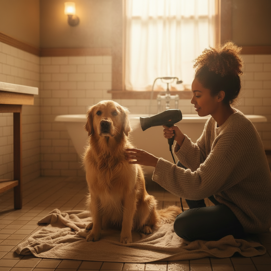 Dropshipman pet grooming gloves for cats and dogs, five-finger deshedding and massage mitt, shown drying furry pet with blow-dryer.