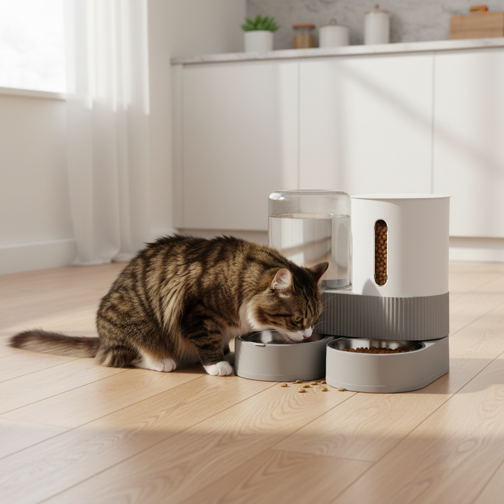 Cat eating from gravity feeder