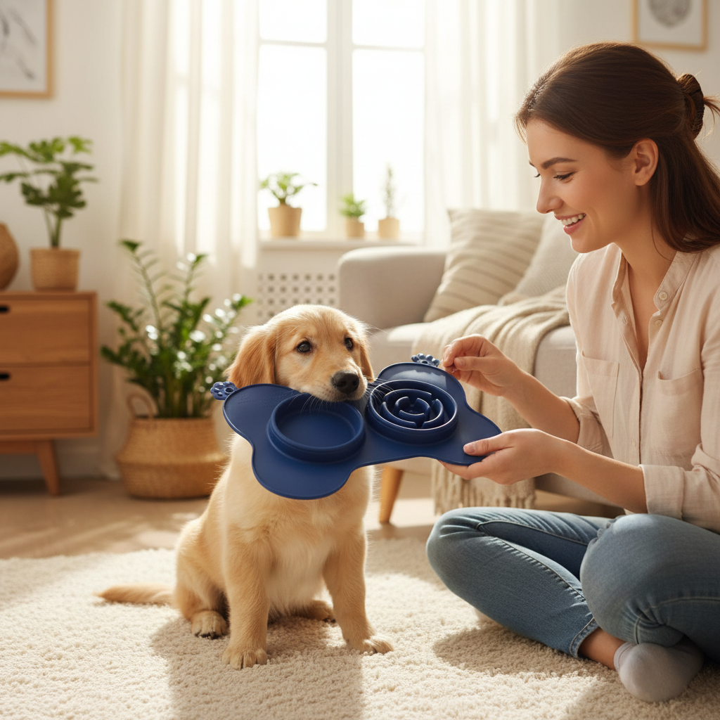 Dog holding lick mat in mouth looking up at owner