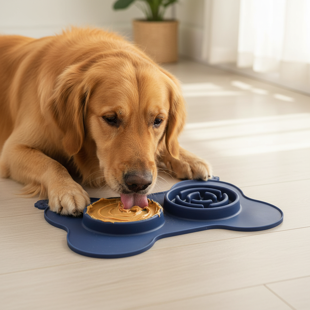 Dog licking navy blue bone-shaped lick mat