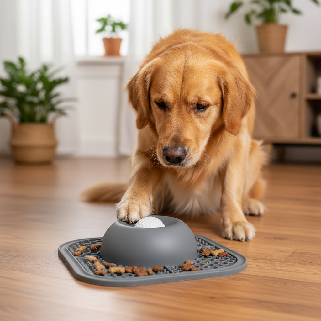 Dropshipman 2-in-1 slow feeder dog bowl and lick mat with rolling ball, featuring a dog pawing at the interactive feeding toy.