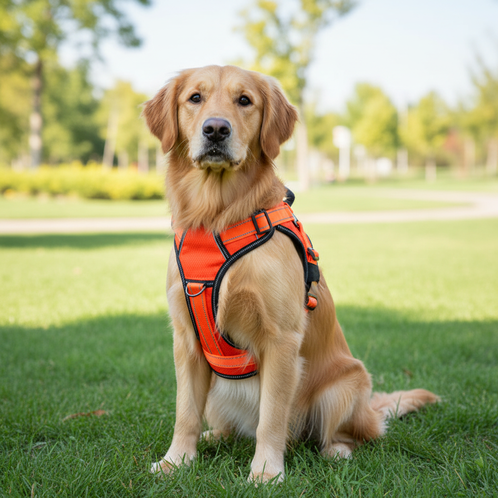 Dog sitting in adjustable, comfortable Dropshipman dog harness designed for walking and secure fit.