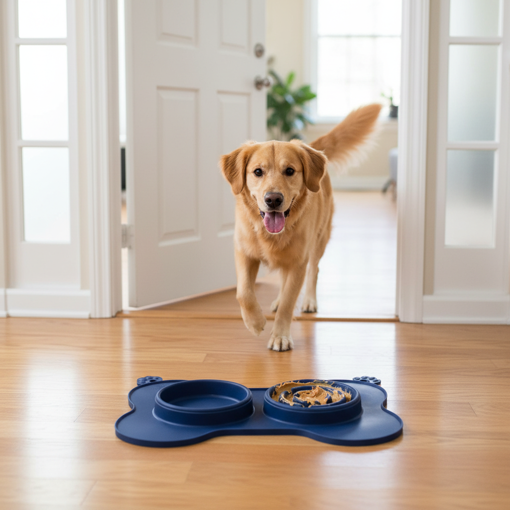 Dog trotting toward lick mat after playing