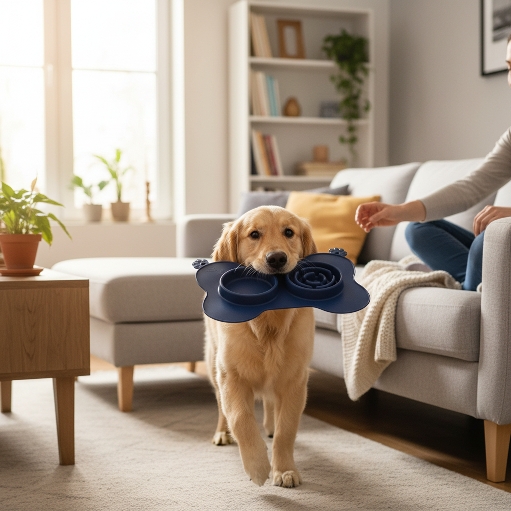 Dog walking toward owner carrying lick mat