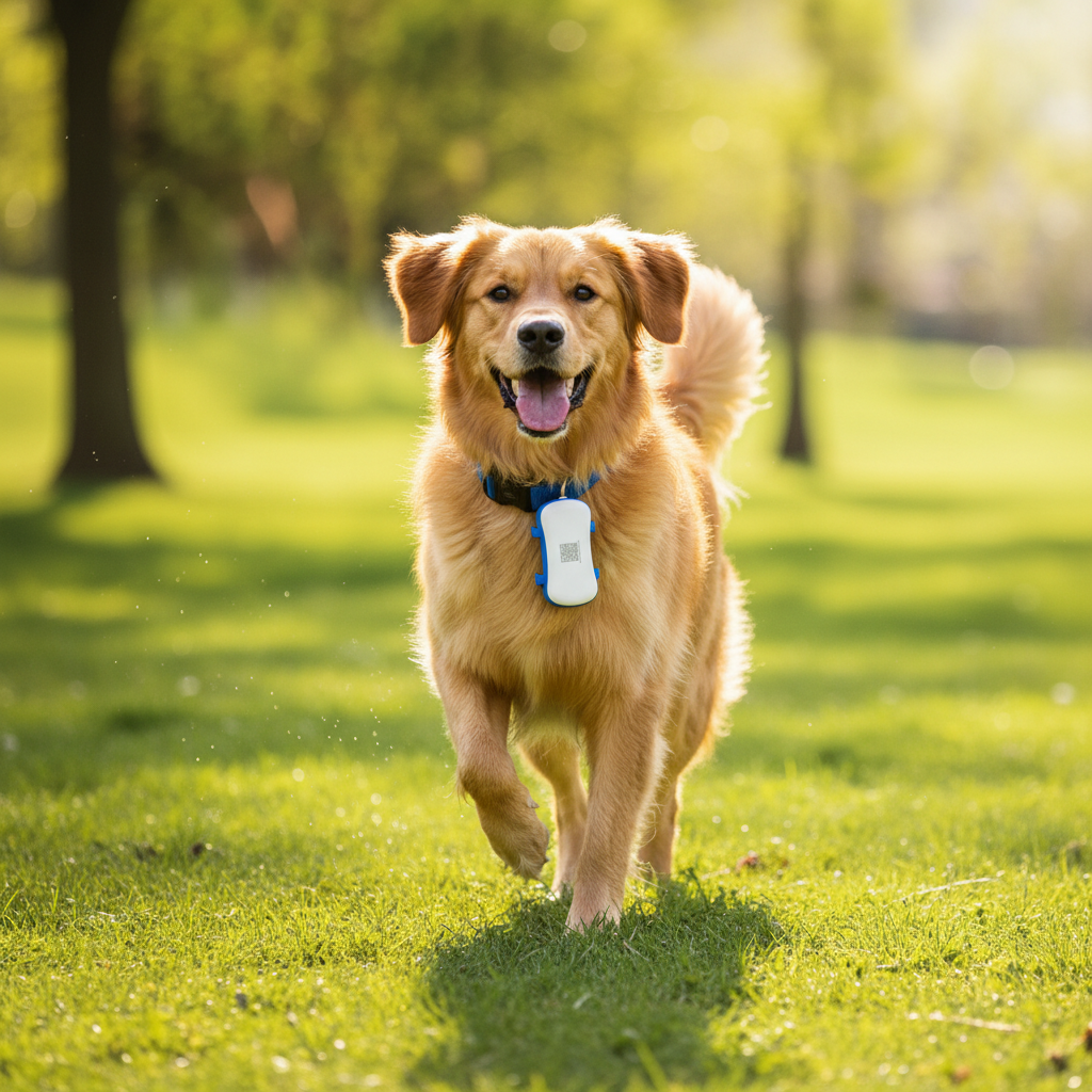 Dog wearing GPS tracker outdoors