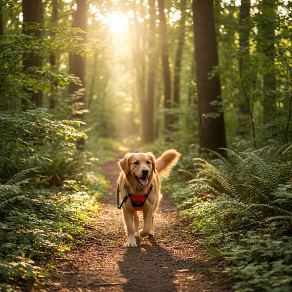 Dog wearing a comfortable adjustable Dropshipman dog harness outdoors for walking.
