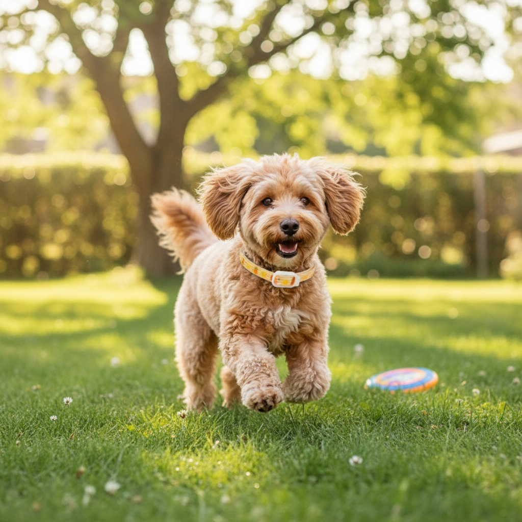 Dog wearing pineapple flea collar outdoors