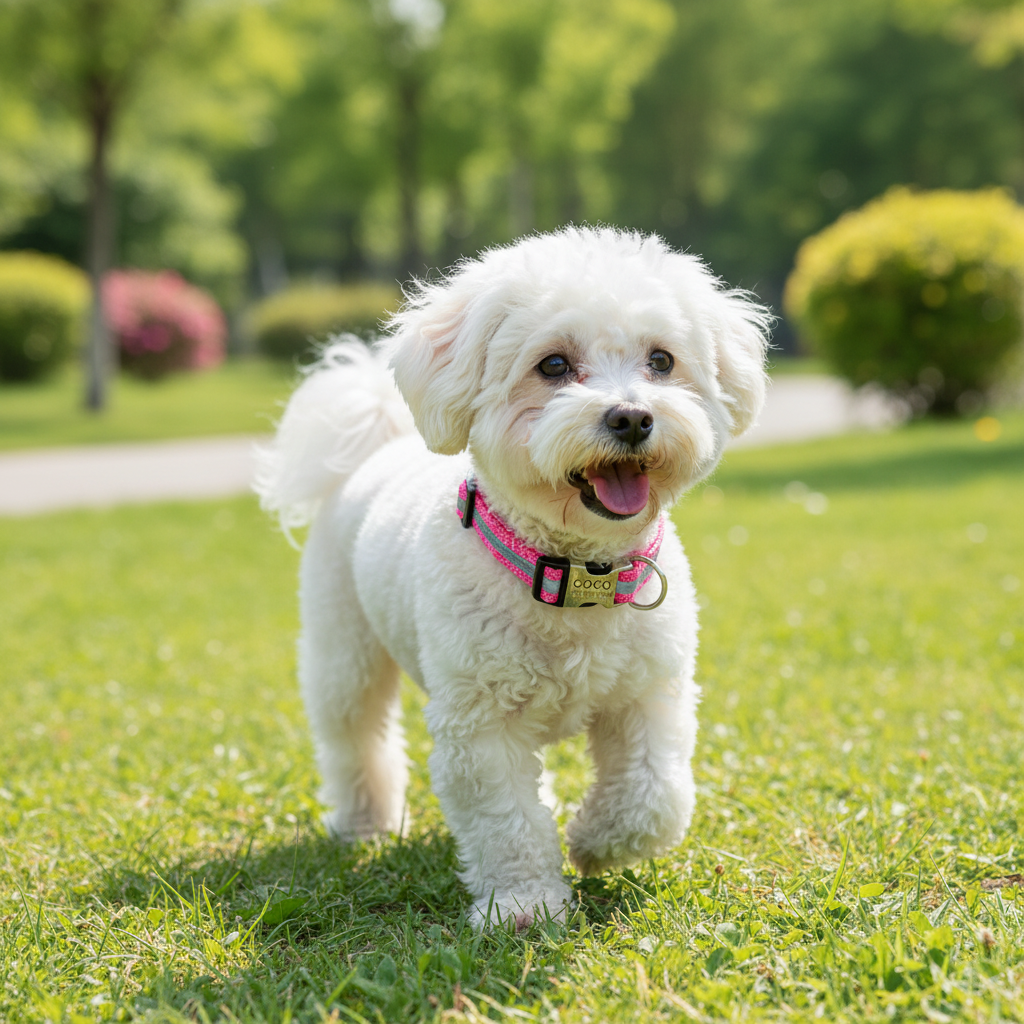 Dog wearing a pink reflective monogram adjustable collar from Dropshipman during a walk.