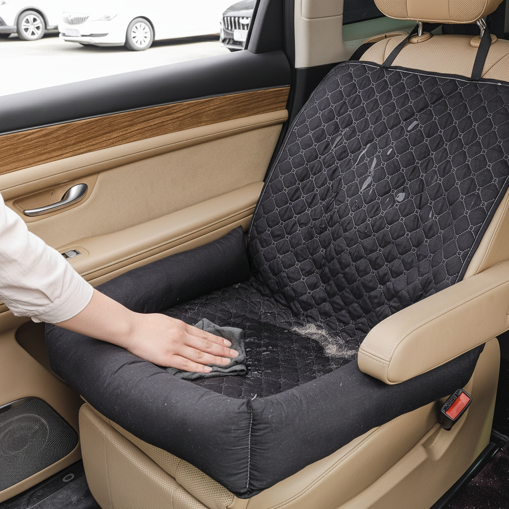 Black and gray waterproof dog car seat mat from Dropshipman, portable travel pet bed with easy-clean-up surface.
