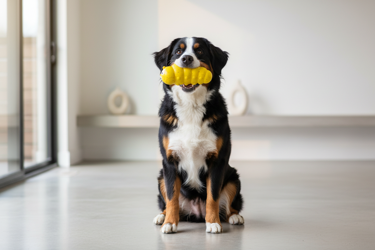 Durable Dropshipman squeaky dog chew toy designed for aggressive chewers, featuring a fetch play scene with a dog and toy.