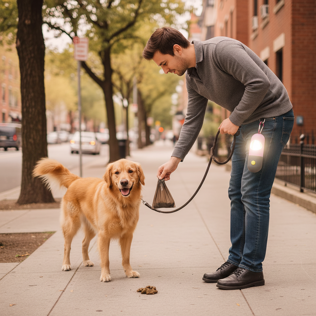 Dropshipman LED dog waste bag dispenser with leak-proof poop bags, portable and convenient for outdoor pet cleanup.