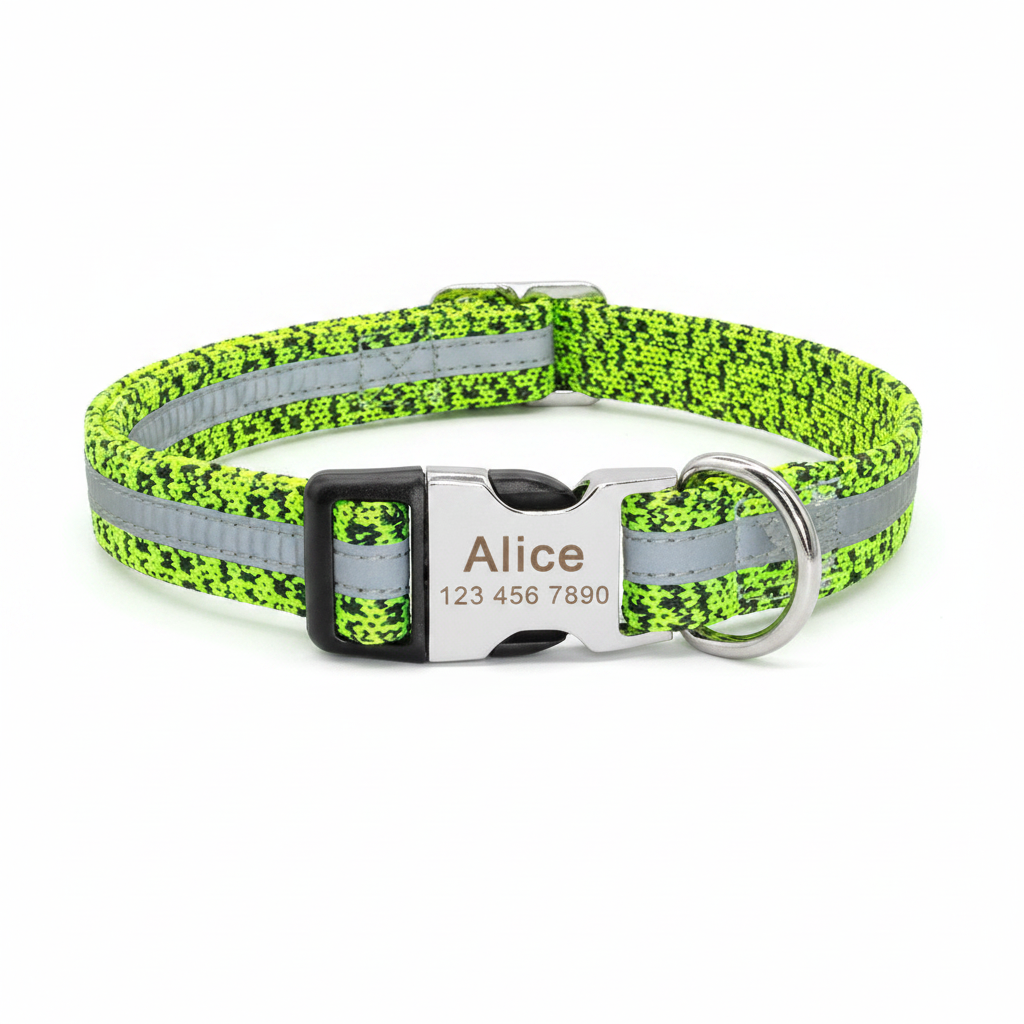 Green reflective monogram adjustable dog collar by Dropshipman, featuring a secure buckle and comfortable fit for small to large dogs.