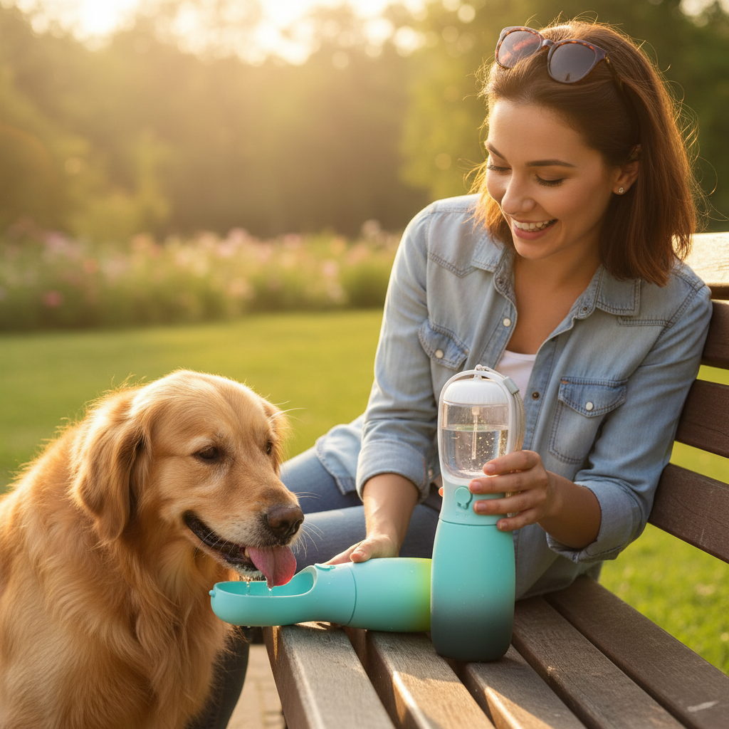 Portable foldable pet water bottle by Dropshipman, 550ml and 300ml BPA-free design for dogs and cats, showing a happy, refreshed pet.