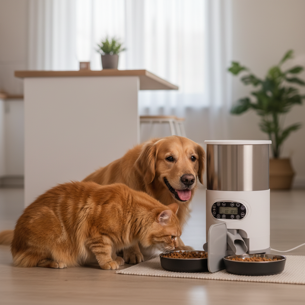 Automatic stainless steel pet food dispenser by Dropshipman with WiFi and button control, designed for easy mealtime feeding.