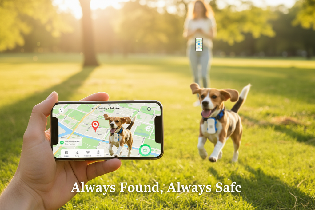 Dog GPS tracker by Dropshipman showing the compact device with a digital display, designed for real-time pet location tracking.