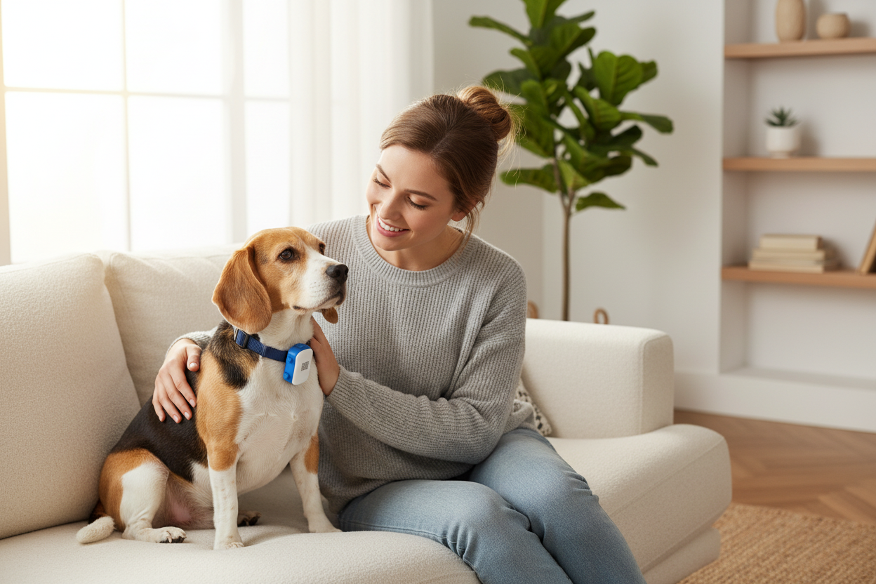 Dog GPS tracker by Dropshipman showing device with real-time tracking screen, designed to keep pets safe and locate them easily.