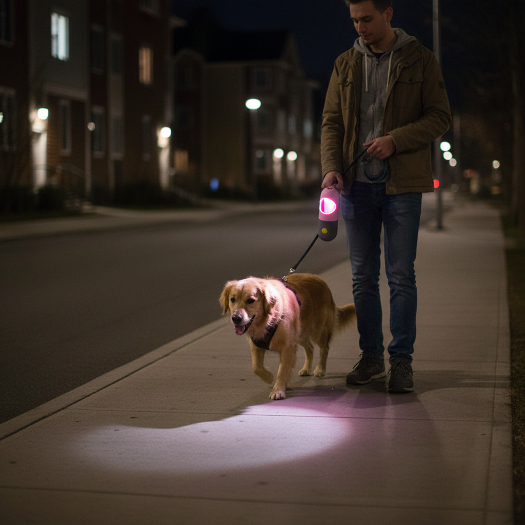 Glow-in-the-dark LED dog waste bag dispenser with leak-proof poop bags, portable for night walks by Dropshipman.