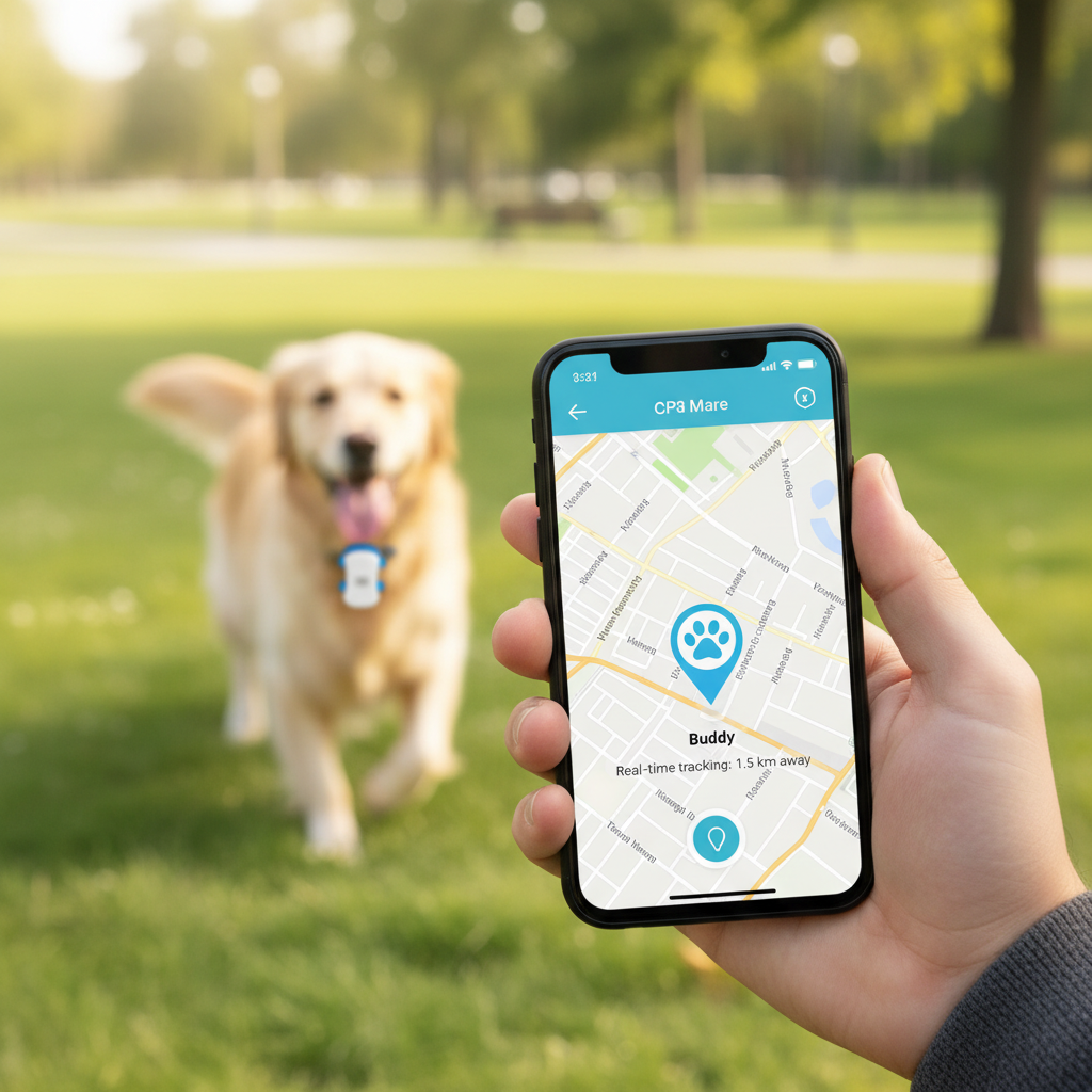 Phone showing GPS tracking map with dog