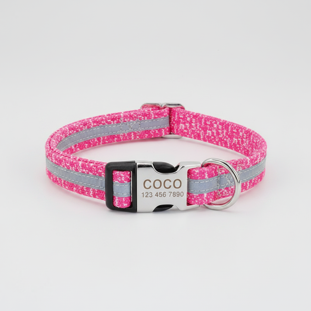 Pink reflective monogram dog collar by Dropshipman, adjustable for small, medium, and large dogs, shown in a clean product shot.