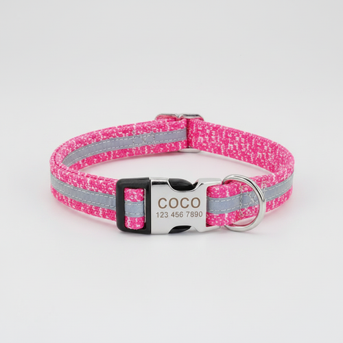 Pink reflective monogram dog collar by Dropshipman, adjustable for small, medium, and large dogs, shown in a clean product shot.