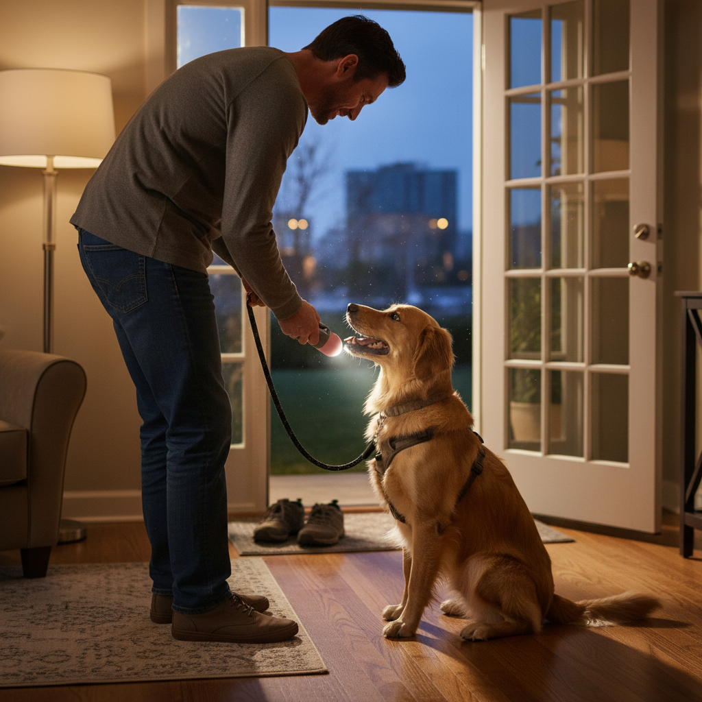 Portable LED dog waste bag dispenser with leak-proof poop bags, perfect for outdoor walks and easy to carry.