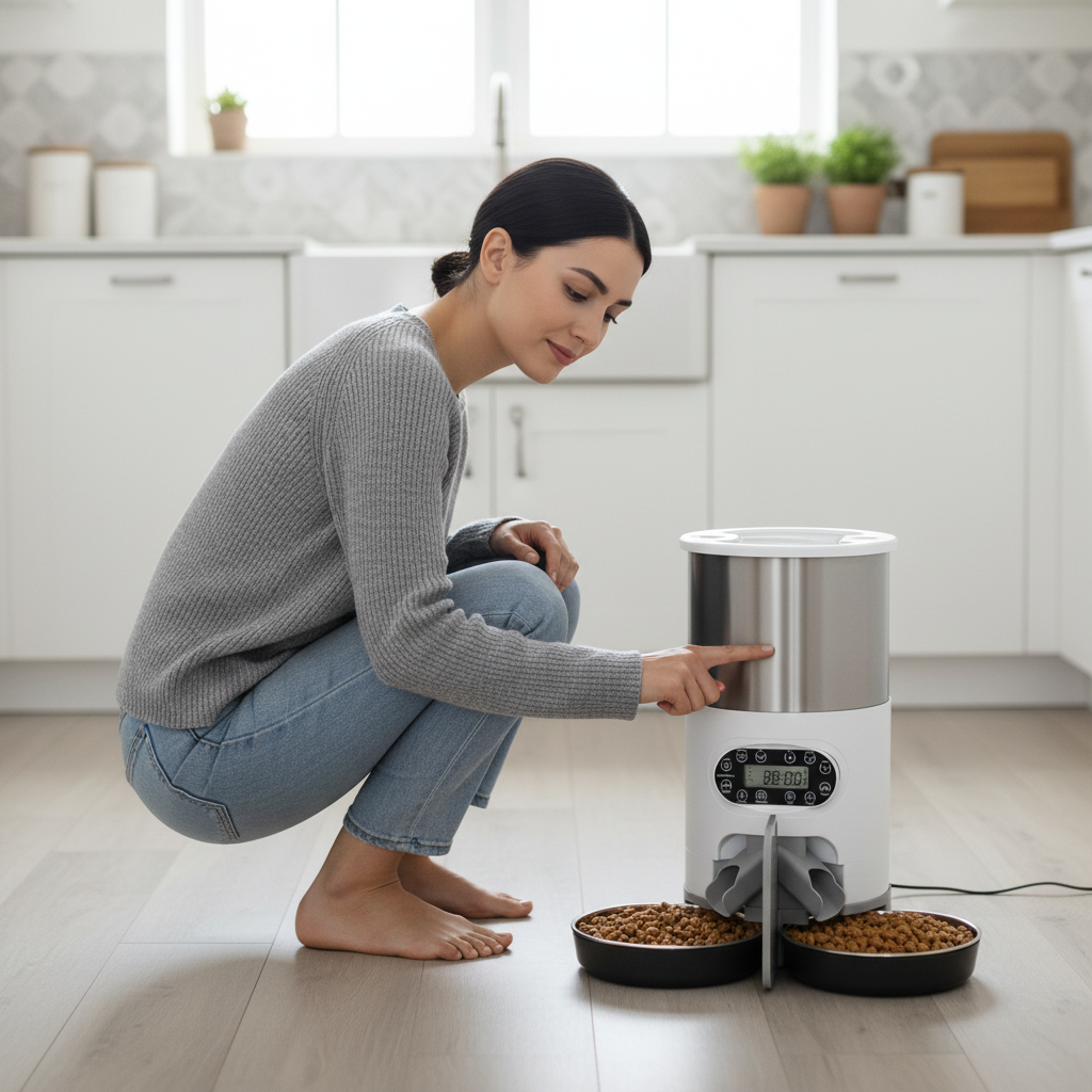 Stainless steel automatic smart pet feeder by Dropshipman with WiFi and button control for convenient pet food dispensing.