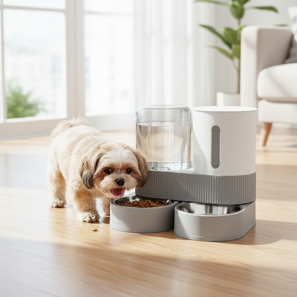 Small dog eating from gravity feeder