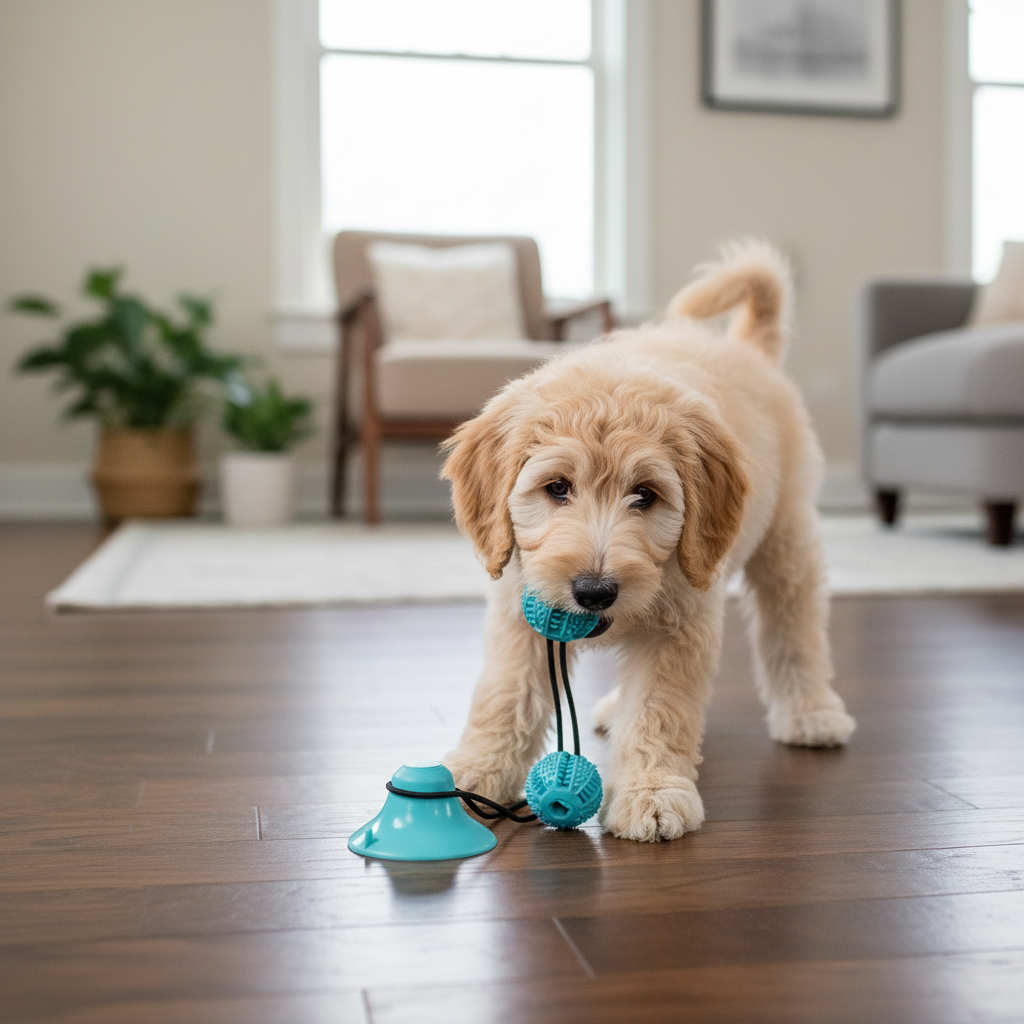 A small golden puppy stands on a hardwood floor in a bright living room, holding a teal toy in its mouth. The toy includes a bell and ball on a string, and the puppy appears to be interacting with it in a real indoor environment.