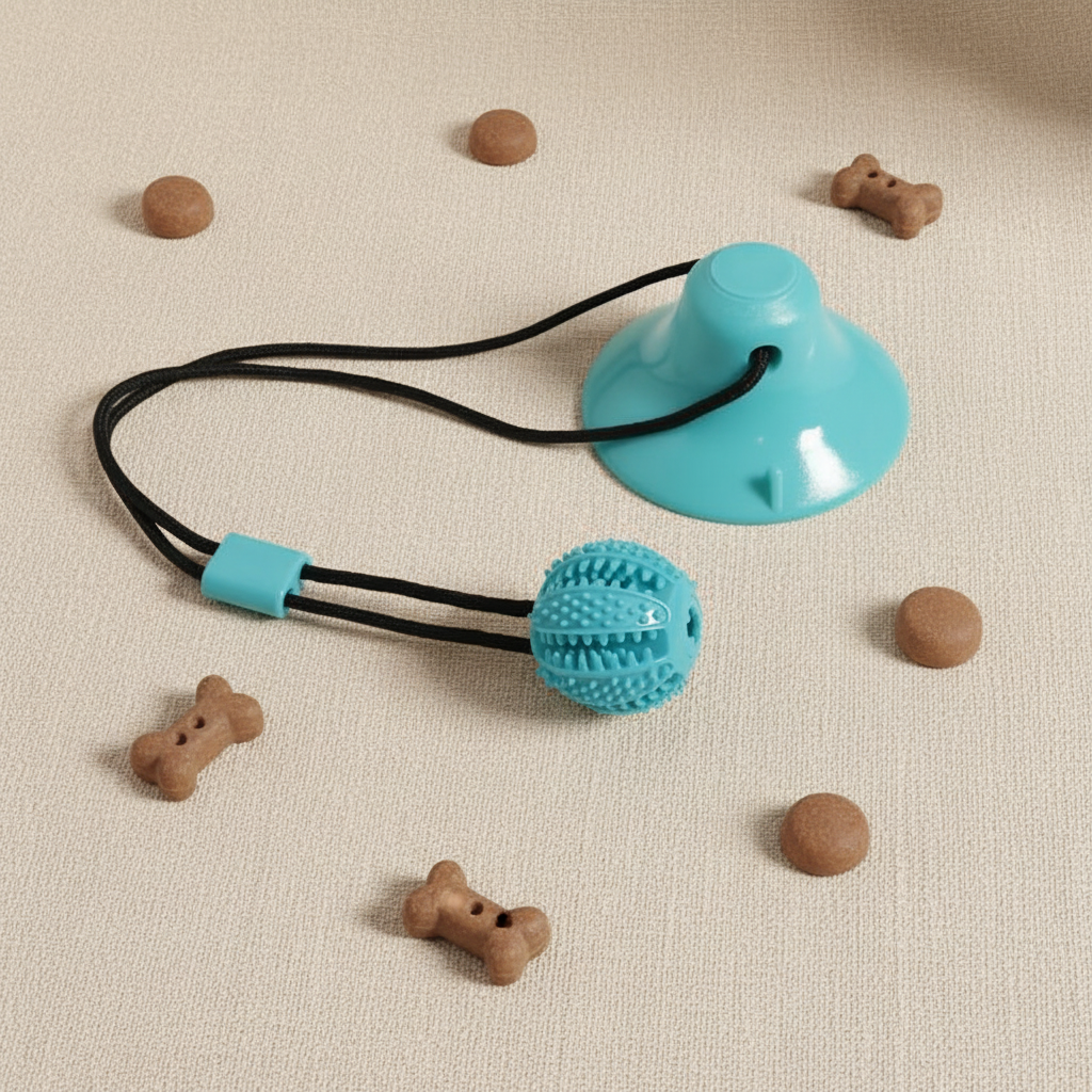 A pet tug toy set featuring a turquoise suction cup and a matching textured ball on black elastic cords, styled on a beige textured background with scattered brown bone and round treats.