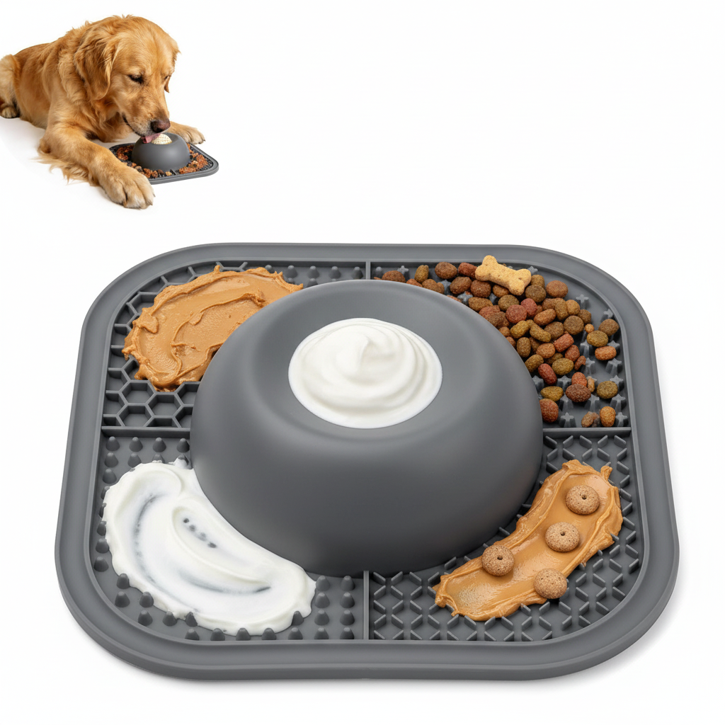 Dropshipman 2-in-1 slow feeder dog bowl and lick mat with rolling ball, top-down view with treats on the surface.