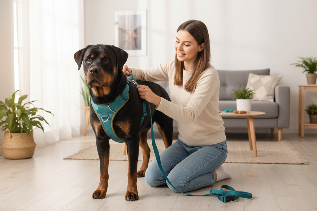 Dropshipman no-pull dog harness with reflective strips, durable nylon, shown on a medium or large breed dog ready for a walk.