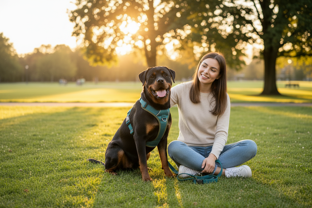 Durable nylon no-pull dog harness with reflective strips for medium and large breeds, shown in sunset lighting.